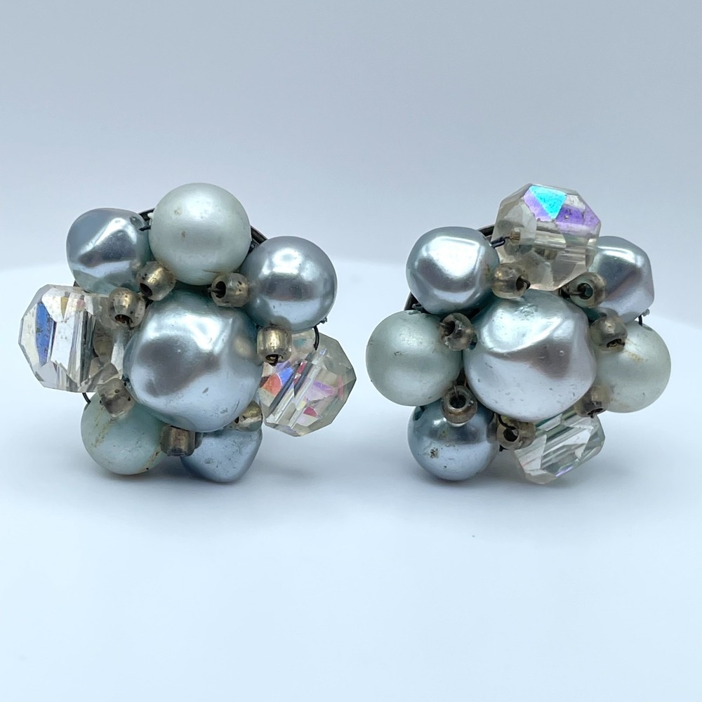 Vintage 90s Japan Faux Pearl Earrings Silver Tone Boho Women's Classic Jewelry